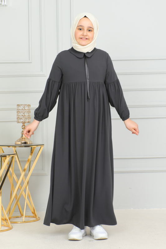 Bebe Yaka Büzgülü Çocuk Elbise Füme - 4006 - 4