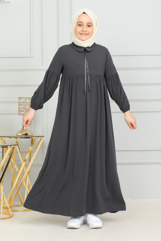Bebe Yaka Büzgülü Çocuk Elbise Füme - 4006 - 5