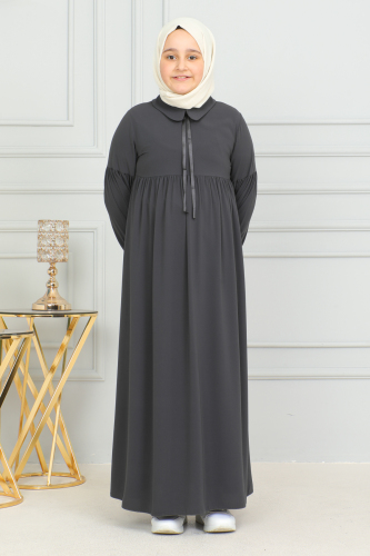 Bebe Yaka Büzgülü Çocuk Elbise Füme - 4006 - 6