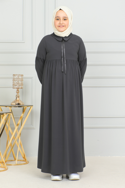 Bebe Yaka Büzgülü Çocuk Elbise Füme - 4006 - 6