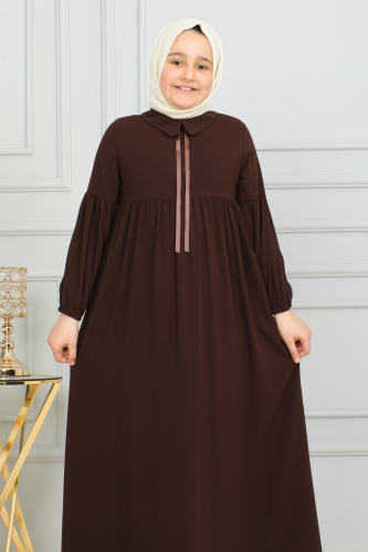 Bebe Yaka Büzgülü Çocuk Elbise Kahverengi-4006 - 9