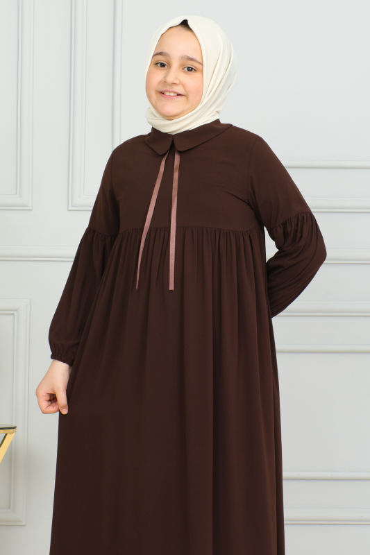 Bebe Yaka Büzgülü Çocuk Elbise Kahverengi-4006 - 10