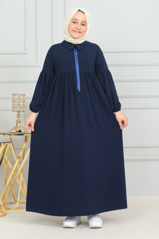 Bebe Yaka Büzgülü Çocuk Elbise Lacivert - 4006 - 1