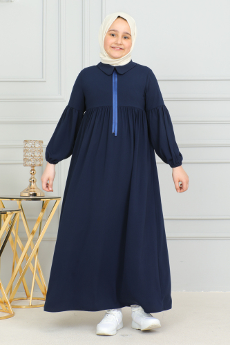 Bebe Yaka Büzgülü Çocuk Elbise Lacivert - 4006 - 2