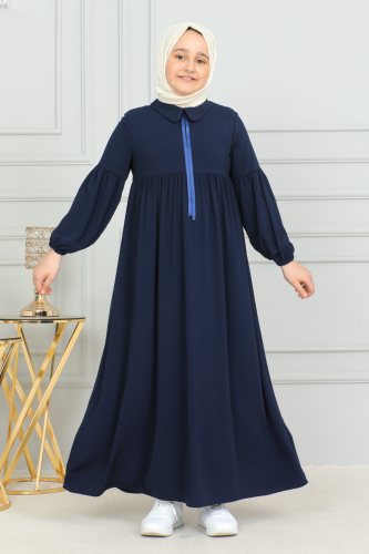 Bebe Yaka Büzgülü Çocuk Elbise Lacivert - 4006 - 4