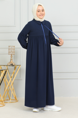 Bebe Yaka Büzgülü Çocuk Elbise Lacivert - 4006 - 5