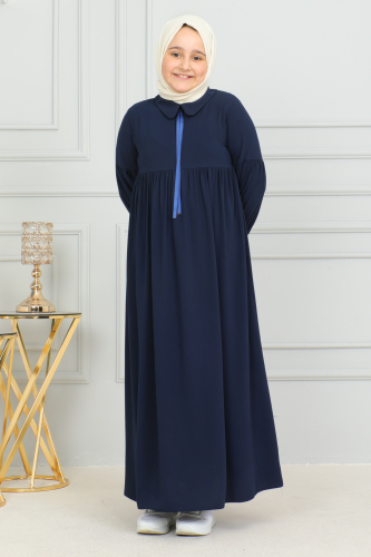 Bebe Yaka Büzgülü Çocuk Elbise Lacivert - 4006 - 6