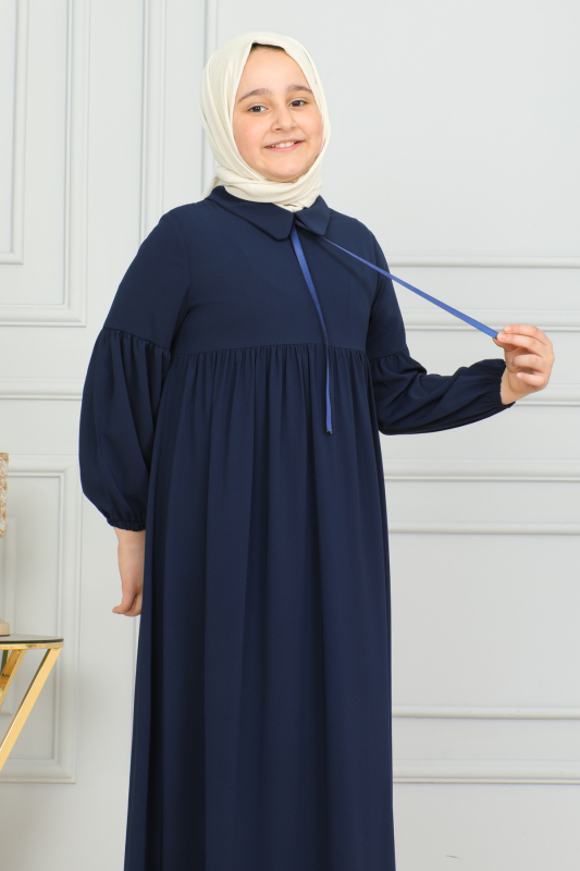 Bebe Yaka Büzgülü Çocuk Elbise Lacivert - 4006 - 7