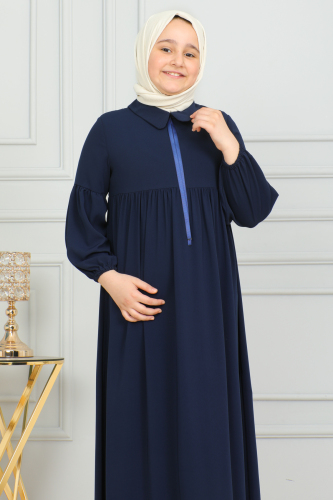 Bebe Yaka Büzgülü Çocuk Elbise Lacivert - 4006 - 8