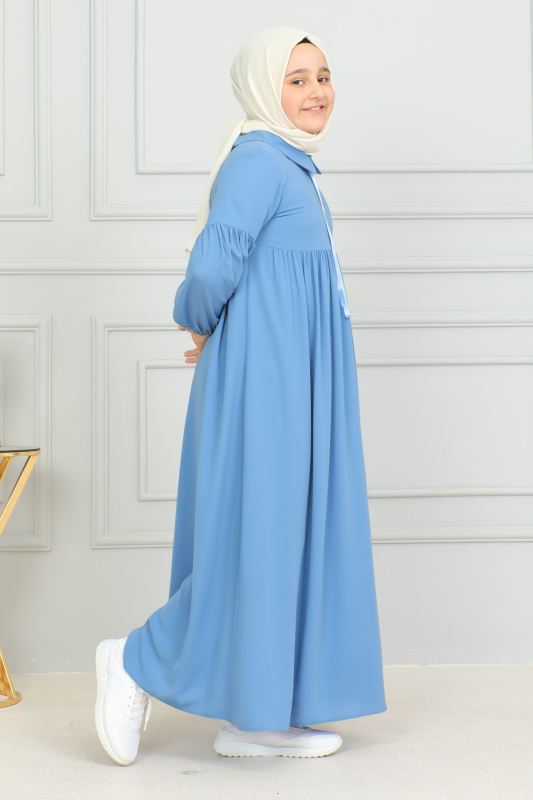 Bebe Yaka Büzgülü Çocuk Elbise Mavi - 4006 - 6