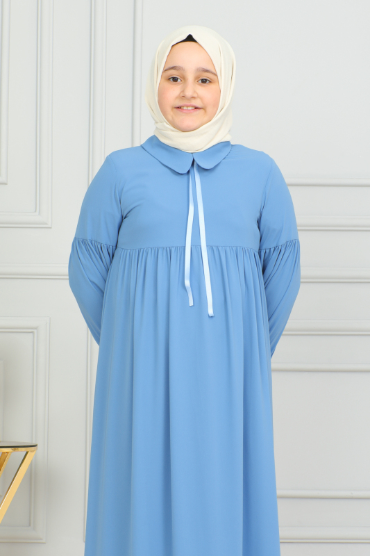 Bebe Yaka Büzgülü Çocuk Elbise Mavi - 4006 - 10