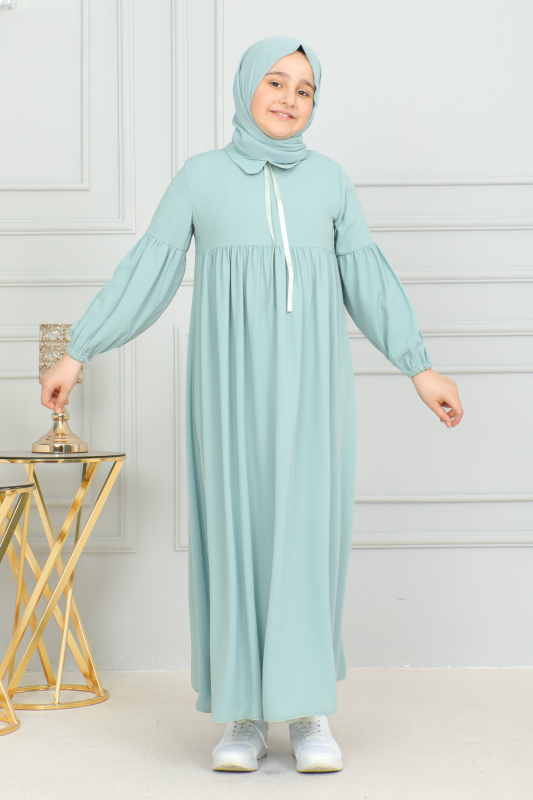 Bebe Yaka Büzgülü Çocuk Elbise Mint Yeşili - 4006 - 1
