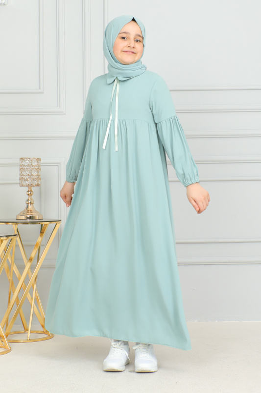 Bebe Yaka Büzgülü Çocuk Elbise Mint Yeşili - 4006 - 2
