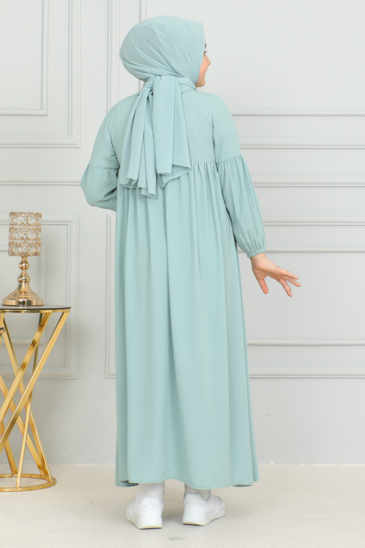 Bebe Yaka Büzgülü Çocuk Elbise Mint Yeşili - 4006 - 4