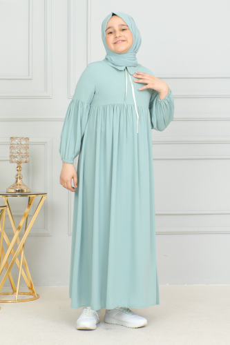 Bebe Yaka Büzgülü Çocuk Elbise Mint Yeşili - 4006 - 6