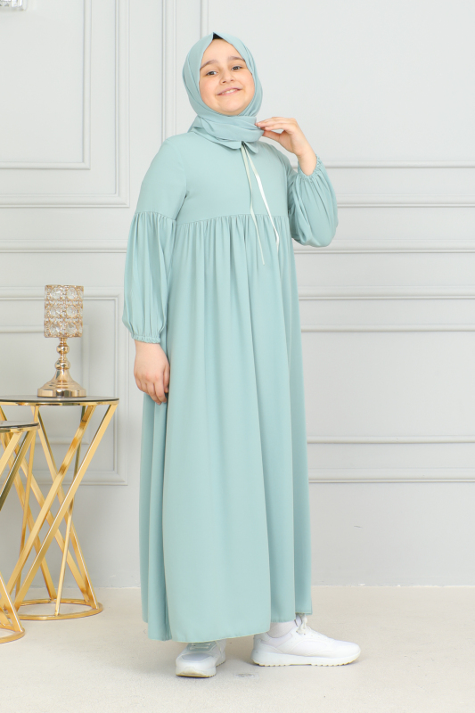 Bebe Yaka Büzgülü Çocuk Elbise Mint Yeşili - 4006 - 7