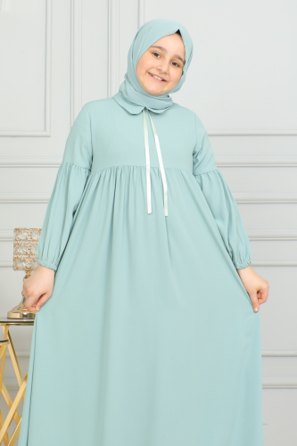 Bebe Yaka Büzgülü Çocuk Elbise Mint Yeşili - 4006 - 9