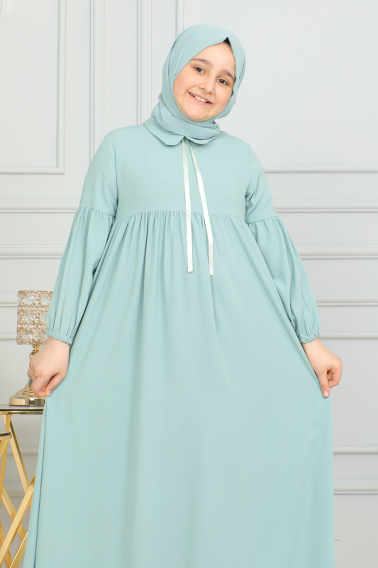 Bebe Yaka Büzgülü Çocuk Elbise Mint Yeşili - 4006 - 9