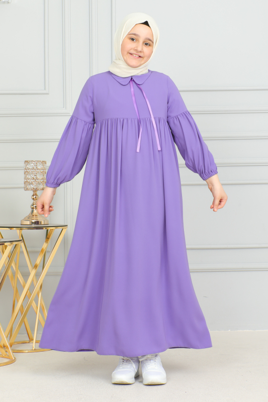 Bebe Yaka Büzgülü Çocuk Elbise Mor - 4006 - 1