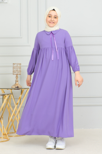 Bebe Yaka Büzgülü Çocuk Elbise Mor - 4006 - 2