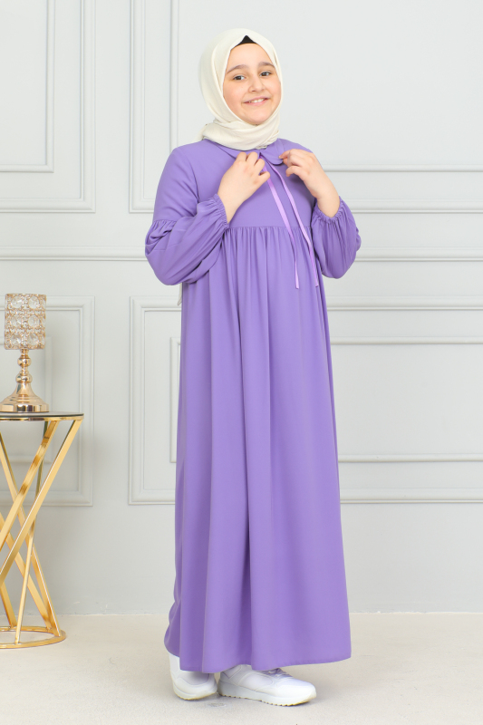 Bebe Yaka Büzgülü Çocuk Elbise Mor - 4006 - 4