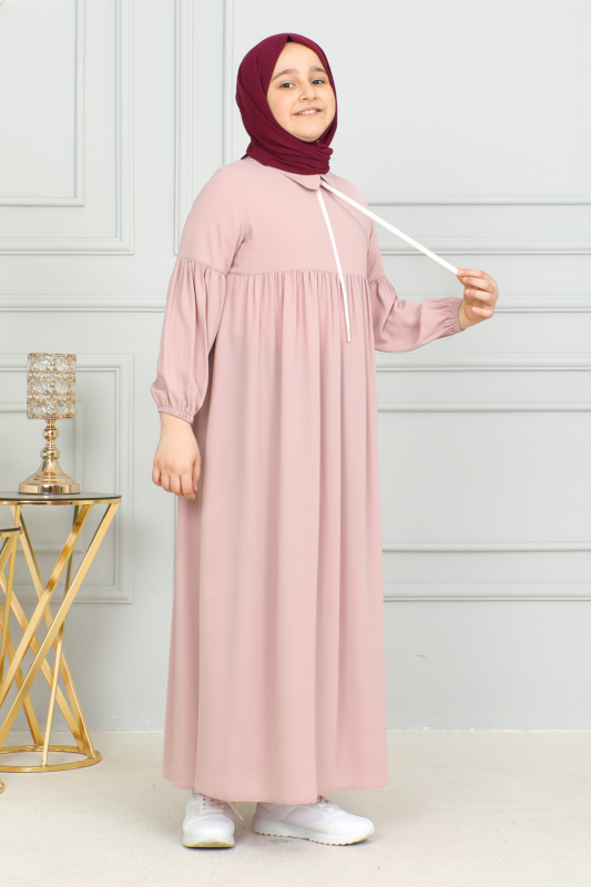 Bebe Yaka Büzgülü Çocuk Elbise Pudra- 4006 - 1