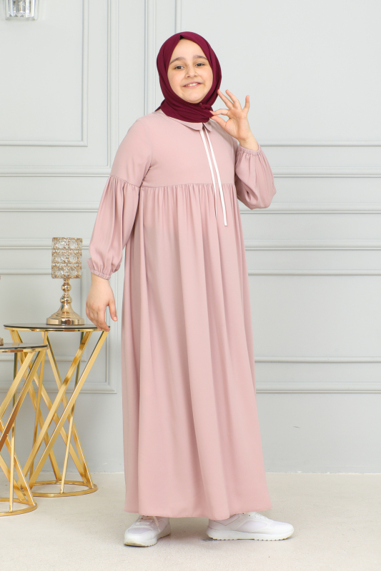 Bebe Yaka Büzgülü Çocuk Elbise Pudra- 4006 - 3