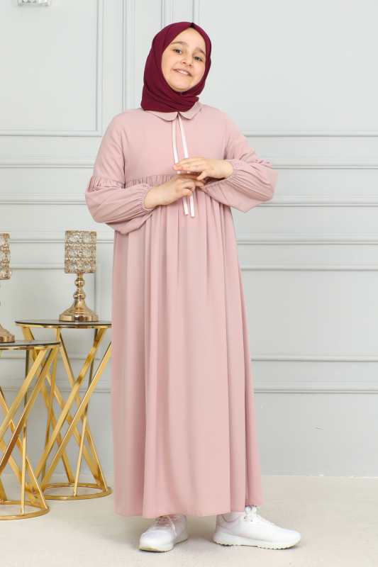Bebe Yaka Büzgülü Çocuk Elbise Pudra- 4006 - 5