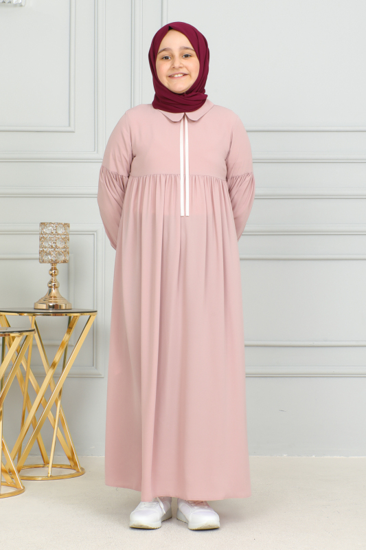 Bebe Yaka Büzgülü Çocuk Elbise Pudra- 4006 - 6