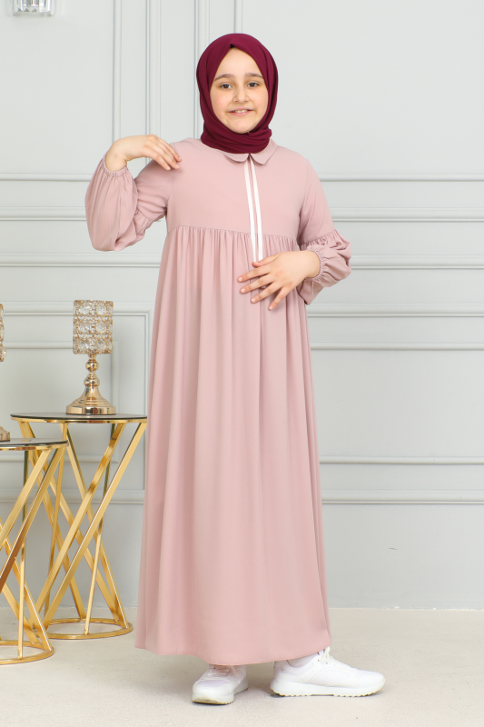 Bebe Yaka Büzgülü Çocuk Elbise Pudra- 4006 - 7