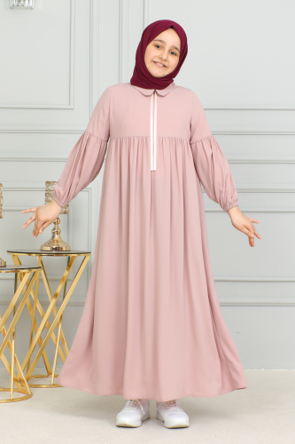Bebe Yaka Büzgülü Çocuk Elbise Pudra- 4006 - 8