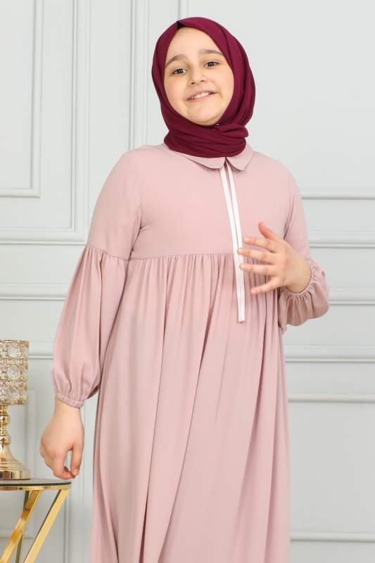 Bebe Yaka Büzgülü Çocuk Elbise Pudra- 4006 - 9