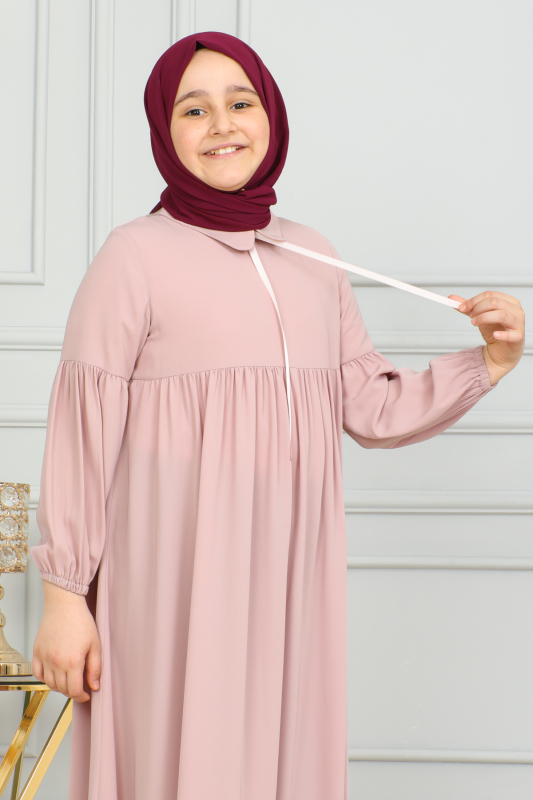 Bebe Yaka Büzgülü Çocuk Elbise Pudra- 4006 - 10