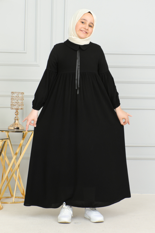 Bebe Yaka Büzgülü Çocuk Elbise Siyah-4006 - 1