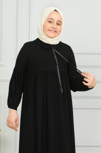 Bebe Yaka Büzgülü Çocuk Elbise Siyah-4006 - 2
