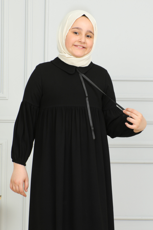 Bebe Yaka Büzgülü Çocuk Elbise Siyah-4006 - 2