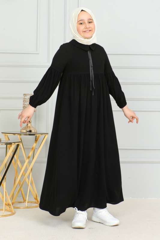 Bebe Yaka Büzgülü Çocuk Elbise Siyah-4006 - 3