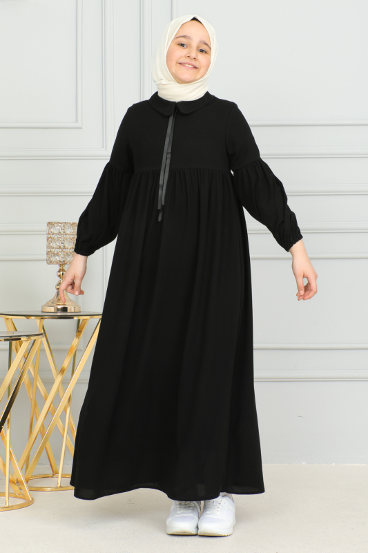 Bebe Yaka Büzgülü Çocuk Elbise Siyah-4006 - 4