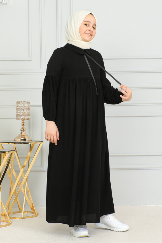 Bebe Yaka Büzgülü Çocuk Elbise Siyah-4006 - 6