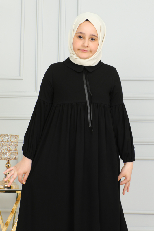 Bebe Yaka Büzgülü Çocuk Elbise Siyah-4006 - 9
