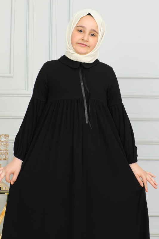 Bebe Yaka Büzgülü Çocuk Elbise Siyah-4006 - 10