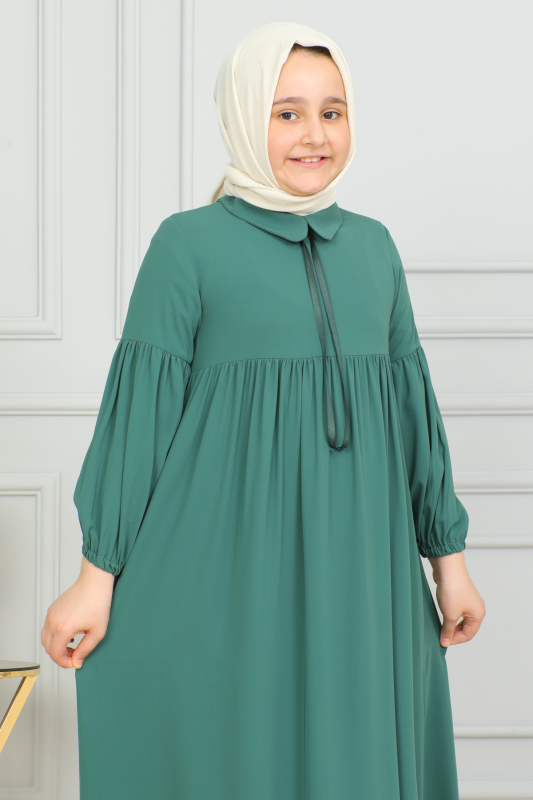 Bebe Yaka Büzgülü Çocuk Elbise Yeşil - 4006 - 4