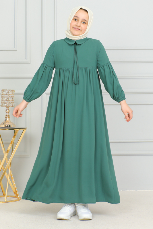 Bebe Yaka Büzgülü Çocuk Elbise Yeşil - 4006 - 6
