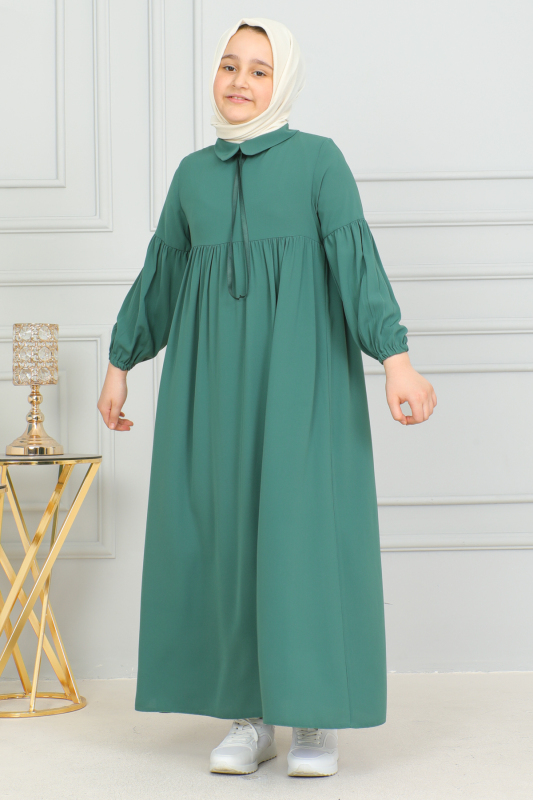 Bebe Yaka Büzgülü Çocuk Elbise Yeşil - 4006 - 7