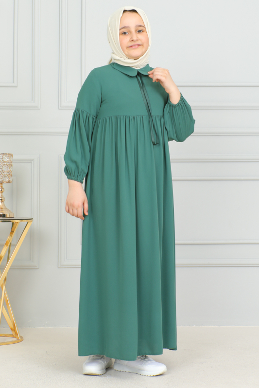 Bebe Yaka Büzgülü Çocuk Elbise Yeşil - 4006 - 8