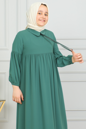 Bebe Yaka Büzgülü Çocuk Elbise Yeşil - 4006 - 9