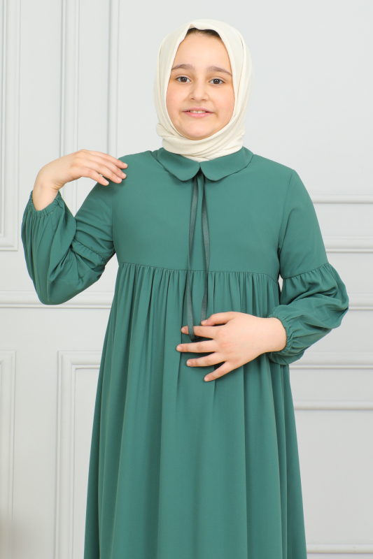 Bebe Yaka Büzgülü Çocuk Elbise Yeşil - 4006 - 10