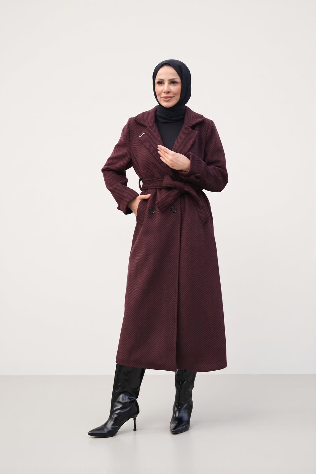 Zühre Kuşaklı Balık Sırtı Kaşe - Bordo