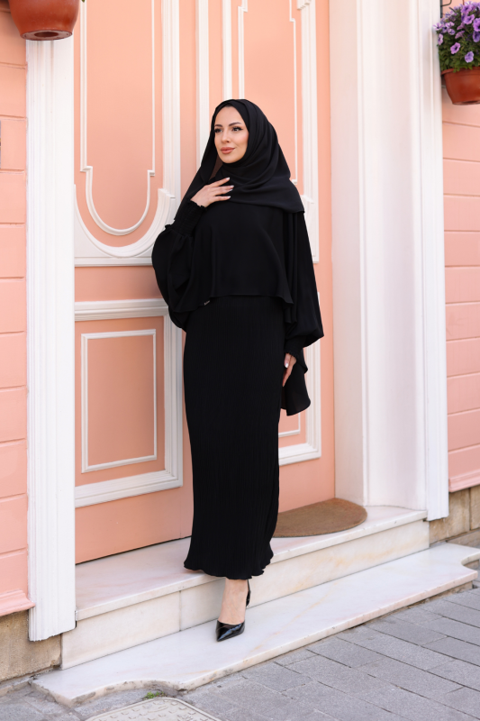 Elegant Dubai İpeği Pelerin Takım Siyah-8014 - 1