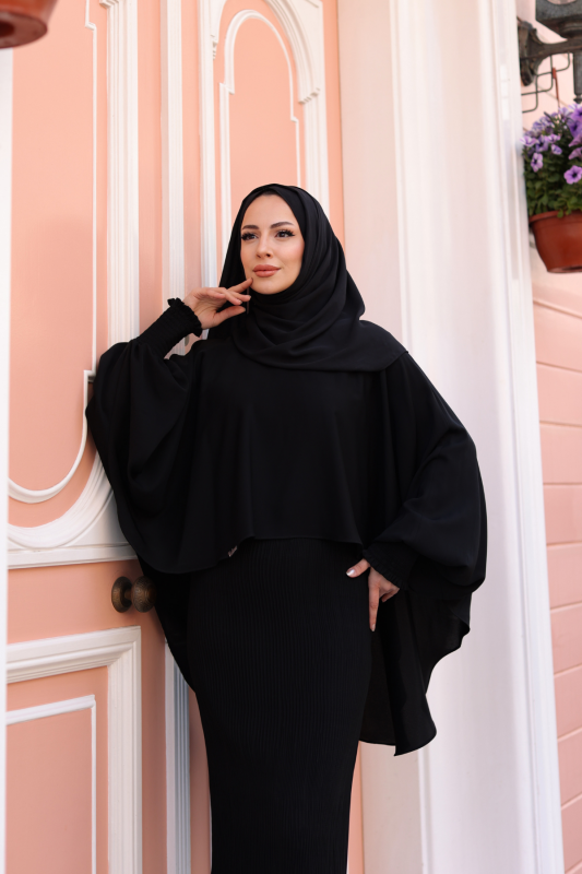 Elegant Dubai İpeği Pelerin Takım Siyah-8014 - 3